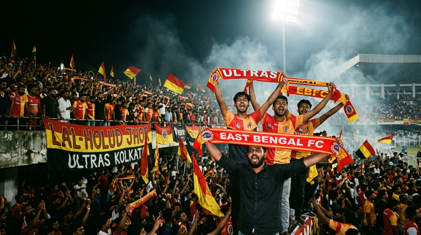 Passionate Indian football supporters on the stadium terrace under night floodlights